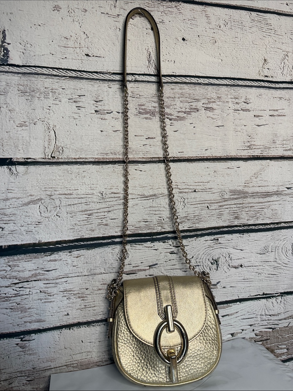 Diane Von Furstenberg Metallic Gold pebble Leather Crossbody Bag w Chain Strap - Picture 3 of 10